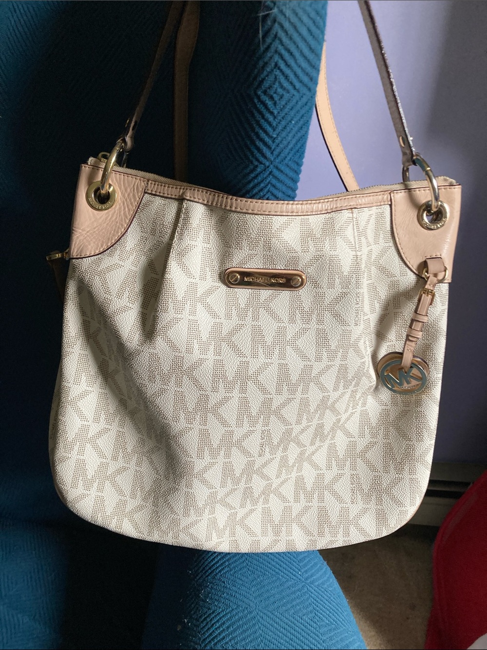 Michael Kors Beige MK Logo Shoulder Bag with light beige trim